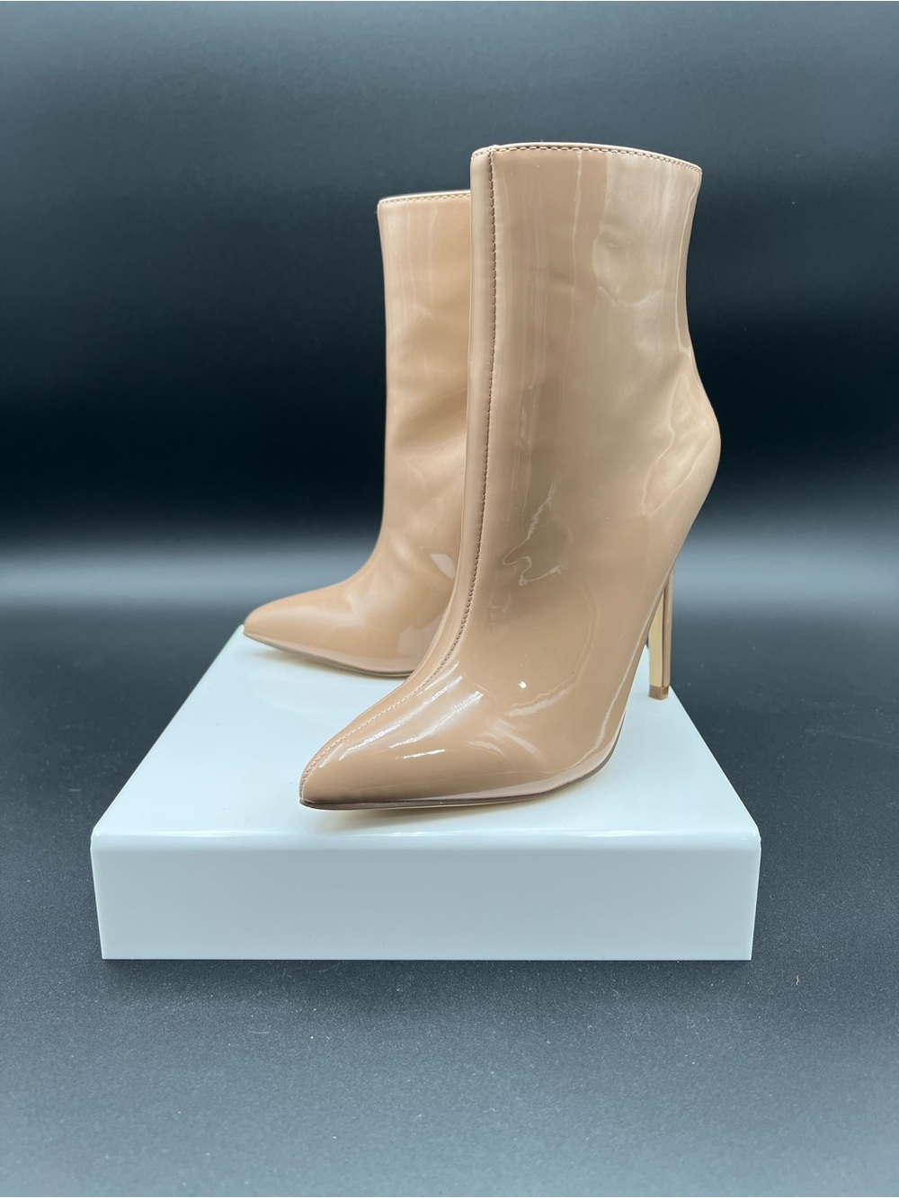 Shoe Dazzle Nude Patent Pointed-Toe Ankle Booties “Breanne.”